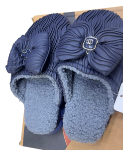 Happy Walk Women Blue Fur Lined Slippers With Flower Design Fur Style