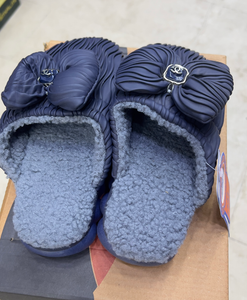 Happy Walk Women Blue Fur Lined Slippers With Flower Design Fur Style