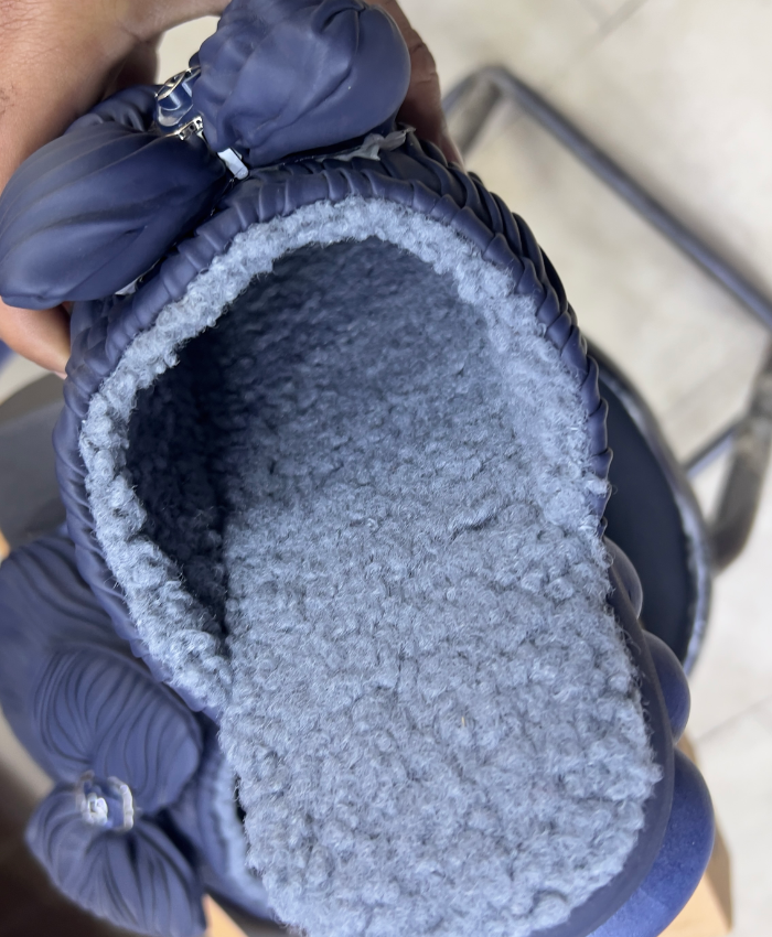 Happy Walk Women Blue Fur Lined Slippers With Flower Design Fur Style