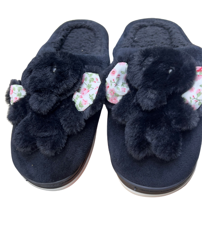 Happy Walk Women Black Fur Slippers Casual Wear