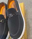 Happy Walk Men Dark Grey Loafer Shoes With Metal Buckle For Daily Wear