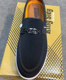 Happy Walk Men Dark Grey Loafer Shoes With Metal Buckle For Daily Wear