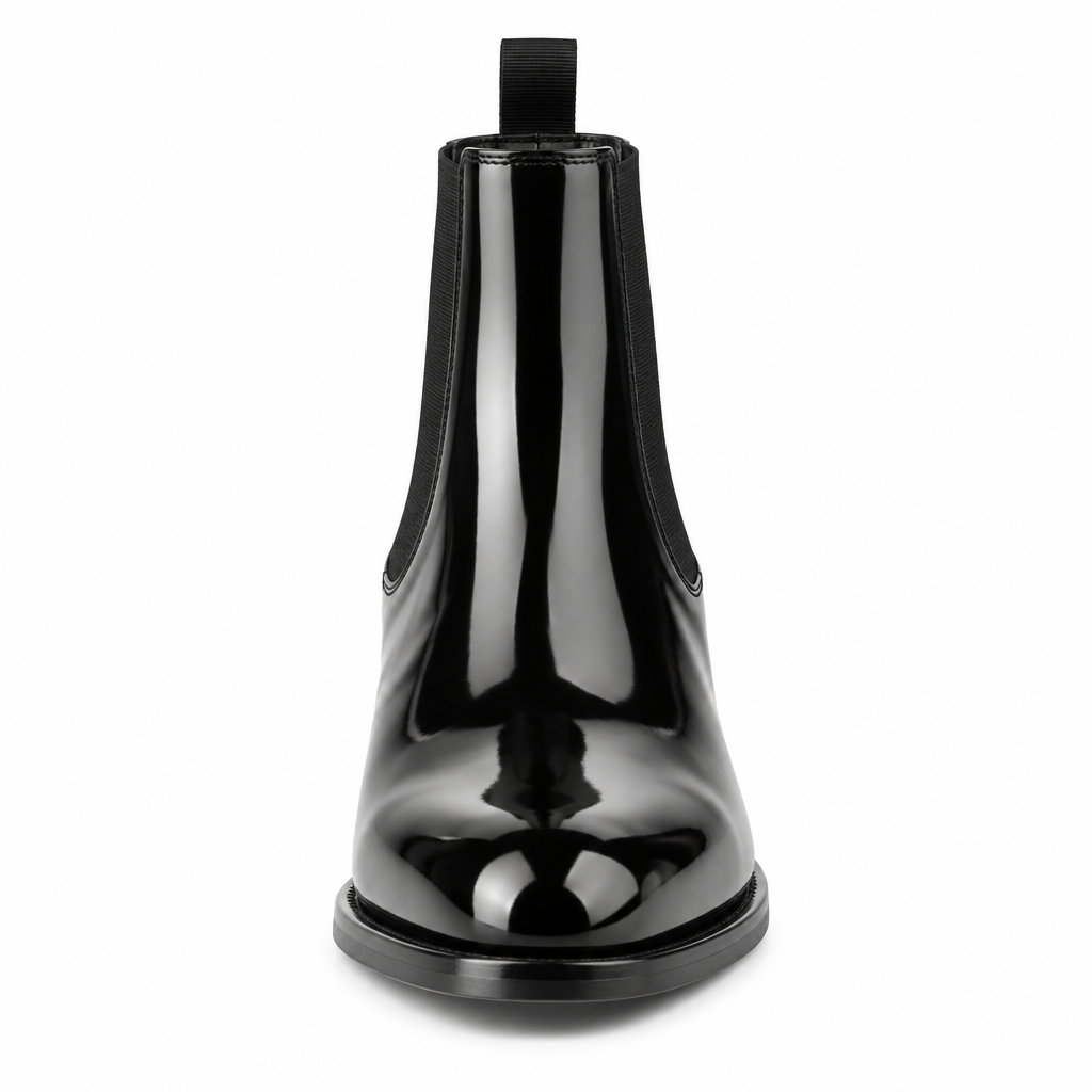 Black patent leather Chelsea Dress Boot front view by HappyWalk