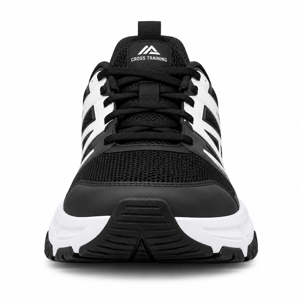 Black and white IronGrip Cross-Training Shoe front view by HappyWalk