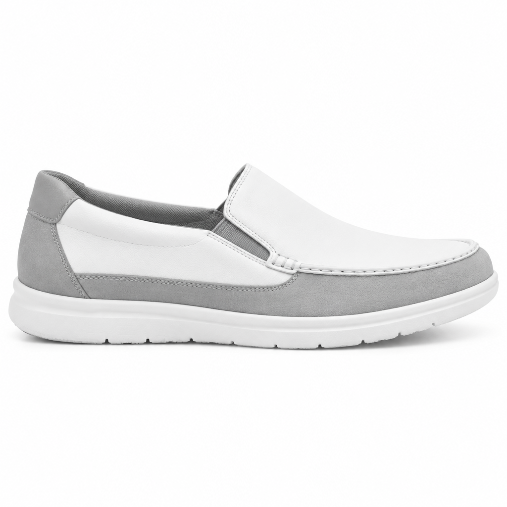 Premium white and grey slip-on casual loafer side view by HappyWalk