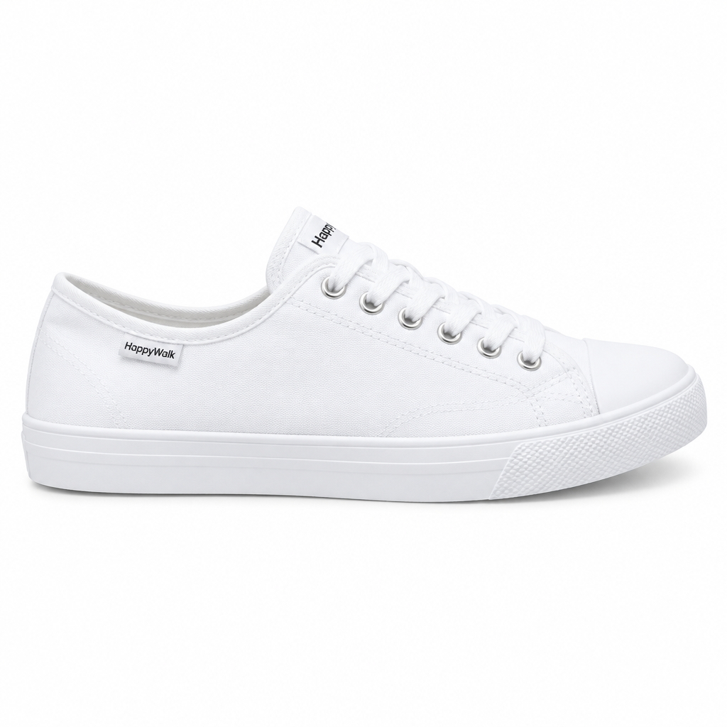 Classic white canvas casual sneaker side view by HappyWalk