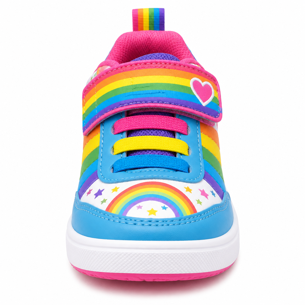 Colorful rainbow velcro kids sneaker front view by HappyWalk