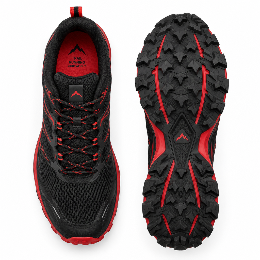 Black and red TrailBlaze X trail running shoe pair flat lay by HappyWalk