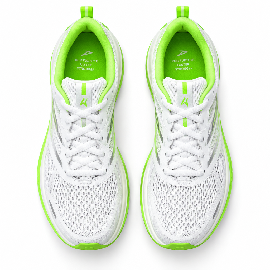 White and neon green AeroStride Pro running shoe pair flat lay by HappyWalk