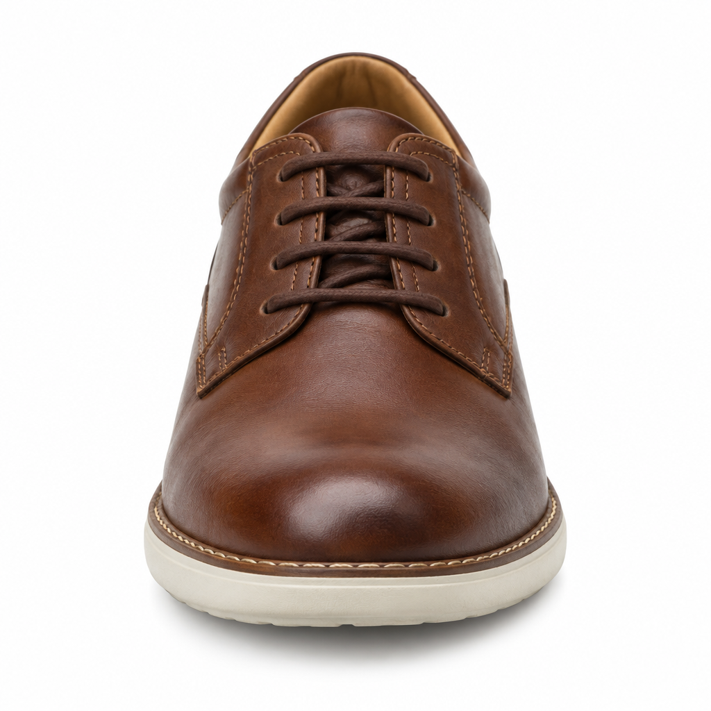 Premium brown casual leather Oxford shoe front view by HappyWalk