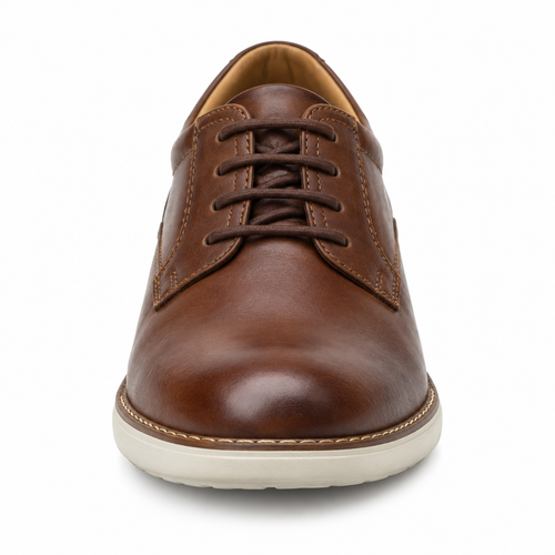Premium brown casual leather Oxford shoe front view by HappyWalk