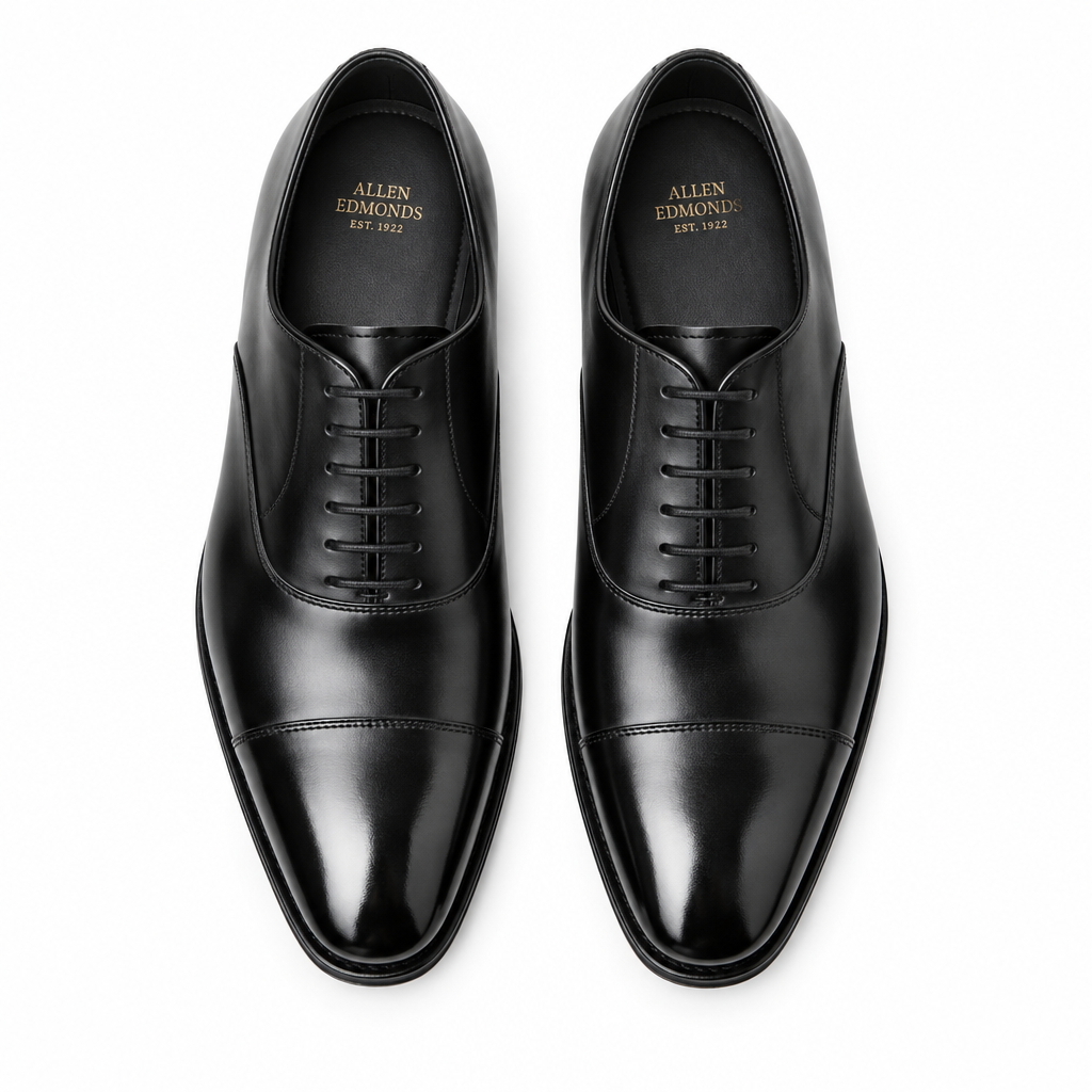Premium black leather Executive Cap-Toe Oxford pair flat lay by HappyWalk
