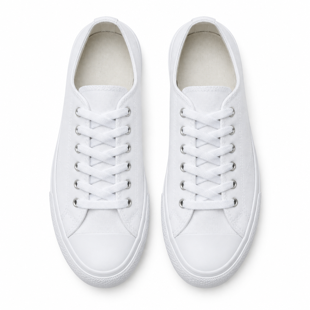Classic white canvas casual sneaker pair flat lay top view by HappyWalk