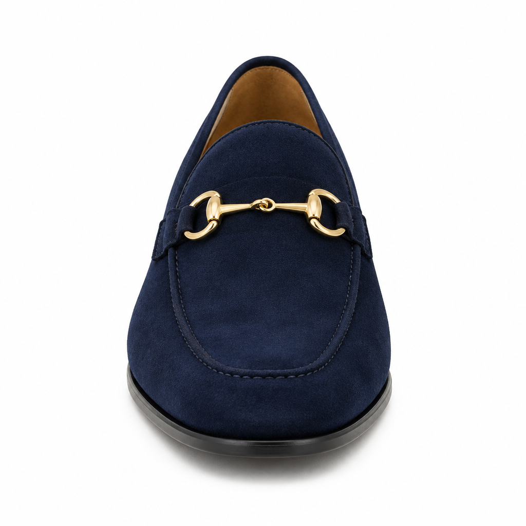 Navy blue suede Gold Bit Formal Loafer front view by HappyWalk