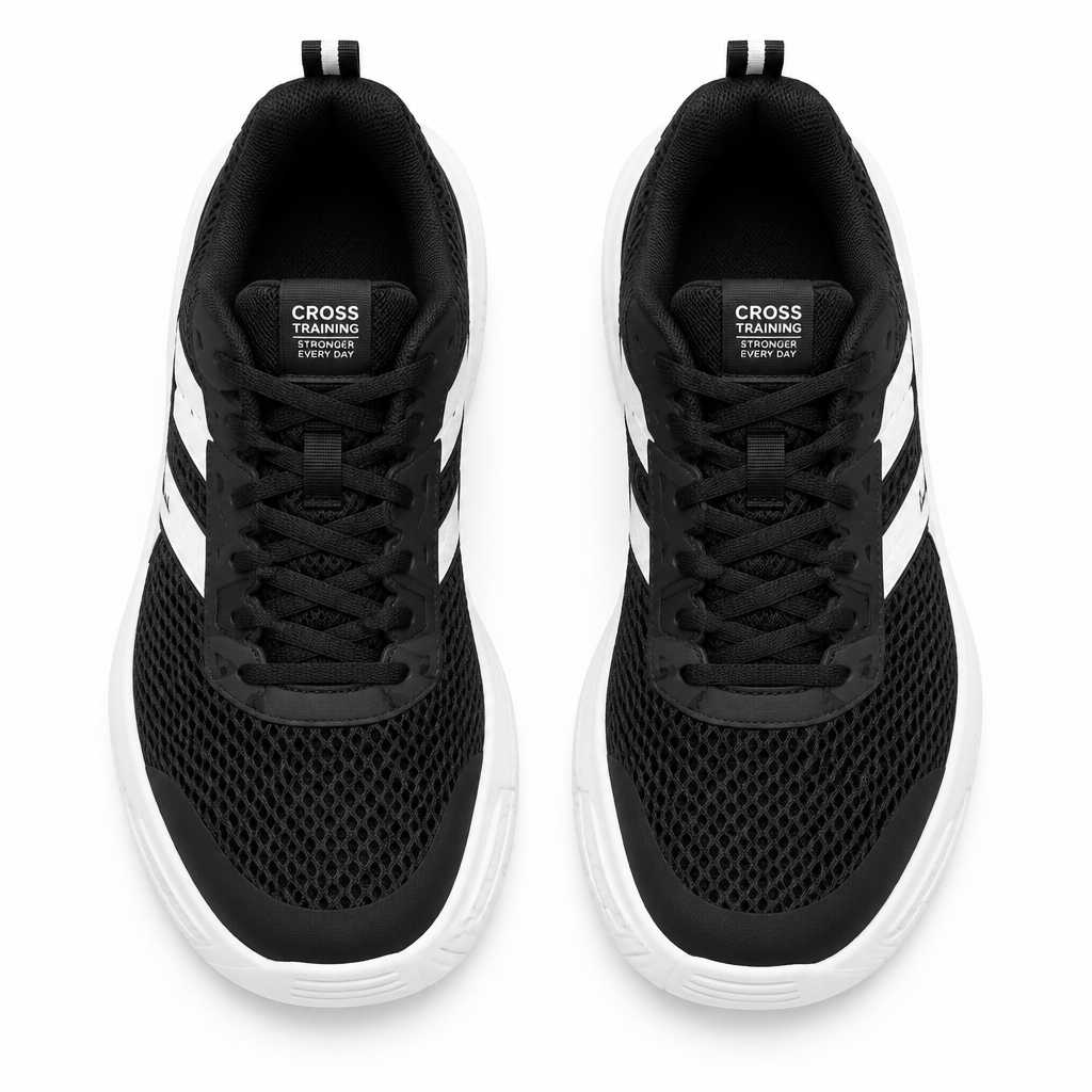 Black and white IronGrip Cross-Training Shoe flat lay by HappyWalk