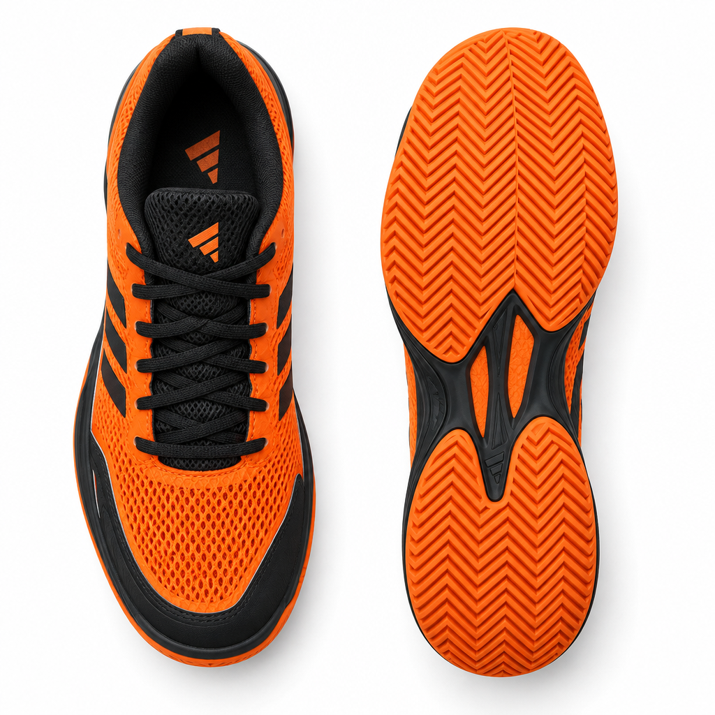 Orange and black AceStrike Tennis Court Shoe pair flat lay by HappyWalk