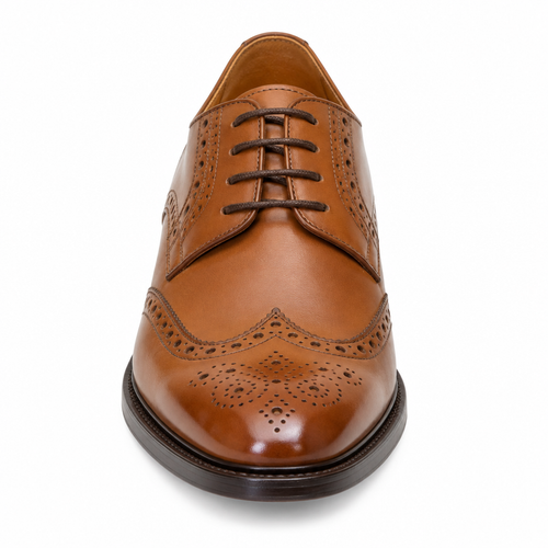 Tan brown Classic Brogue Derby Shoe front view by HappyWalk