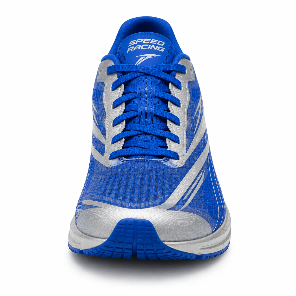 Blue and silver SpeedForce Carbon Racing Shoe front view by HappyWalk