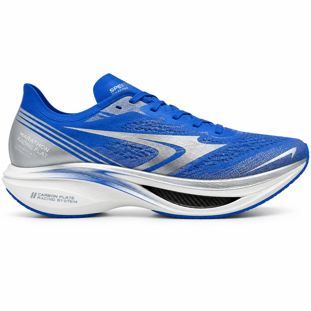 Blue and silver SpeedForce Carbon Racing Shoe side view by HappyWalk