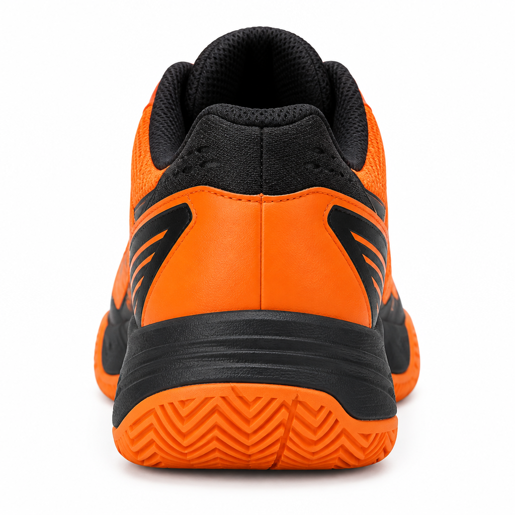 Orange and black AceStrike Tennis Court Shoe back view by HappyWalk