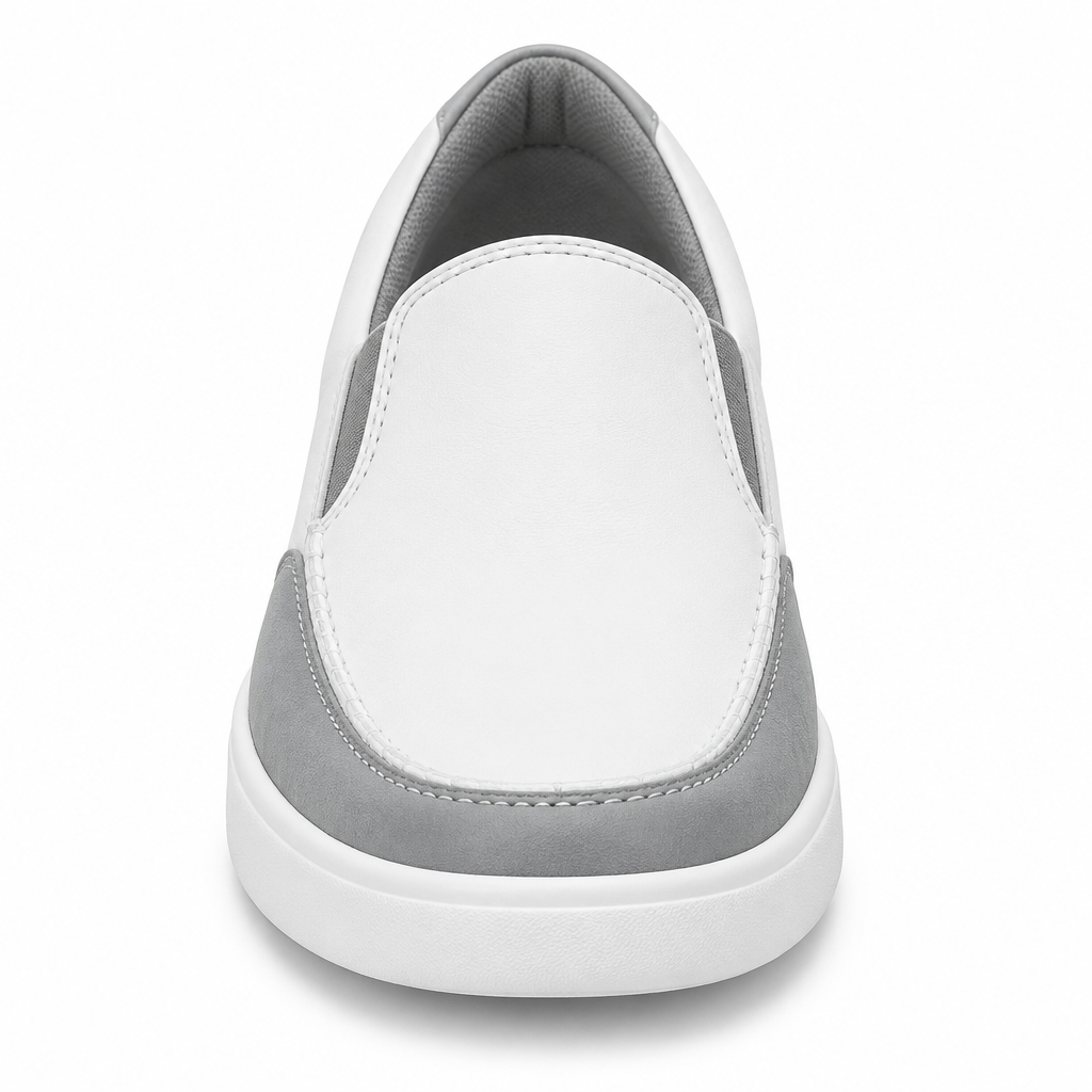 Premium white and grey slip-on casual loafer front view by HappyWalk