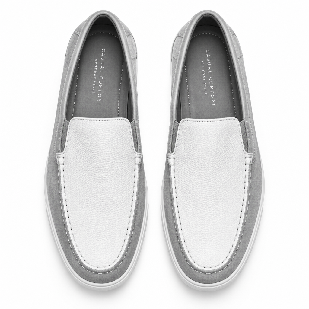 Premium white and grey slip-on casual loafer pair flat lay by HappyWalk