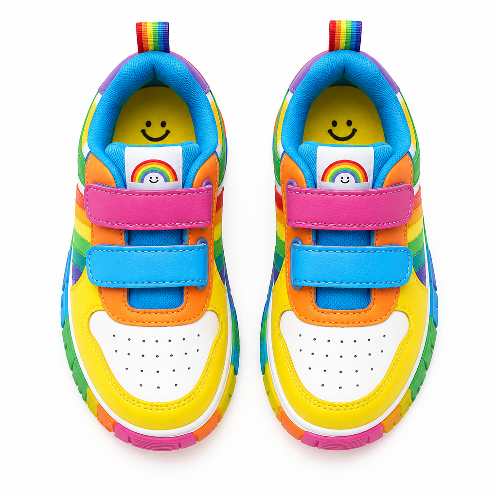 Colorful rainbow velcro kids sneaker pair flat lay by HappyWalk
