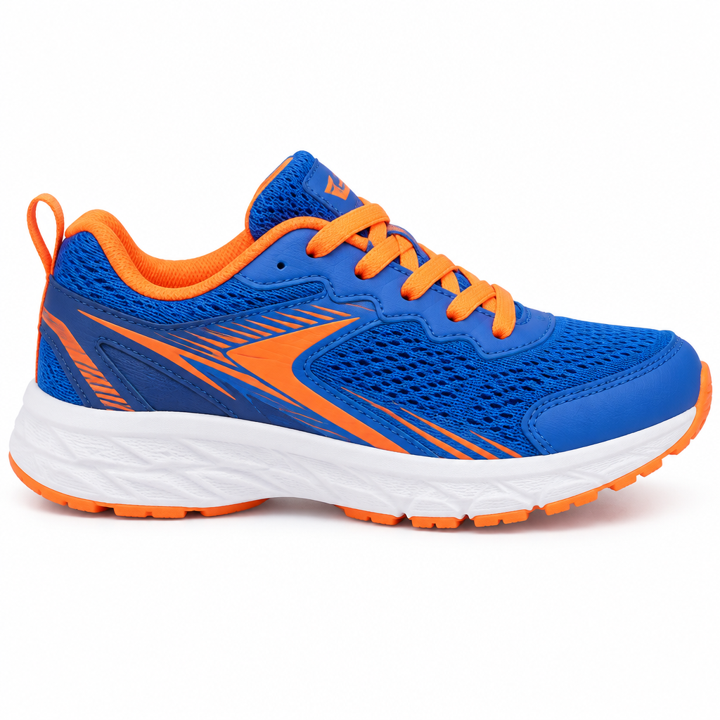 Blue and orange JuniorSprint Kids Athletic Shoe side view by HappyWalk