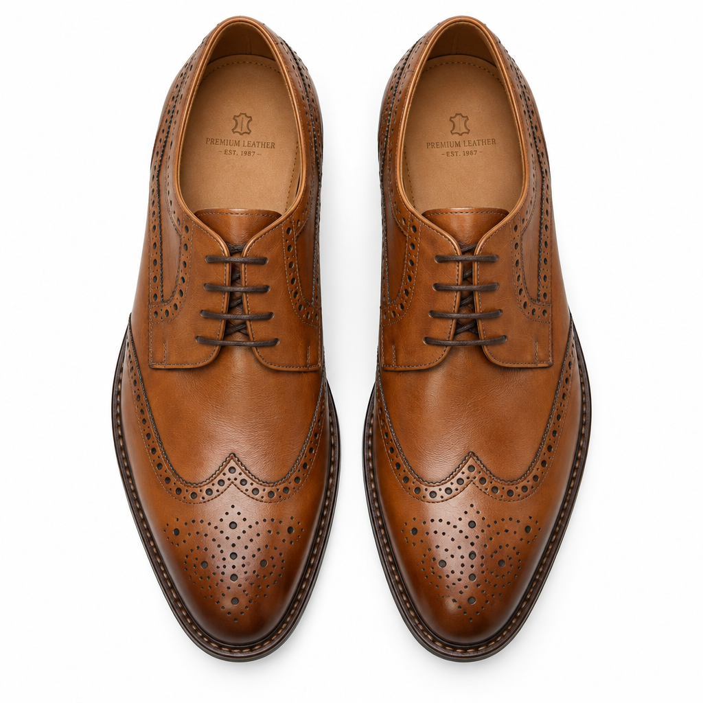 Tan brown Classic Brogue Derby Shoe pair flat lay by HappyWalk