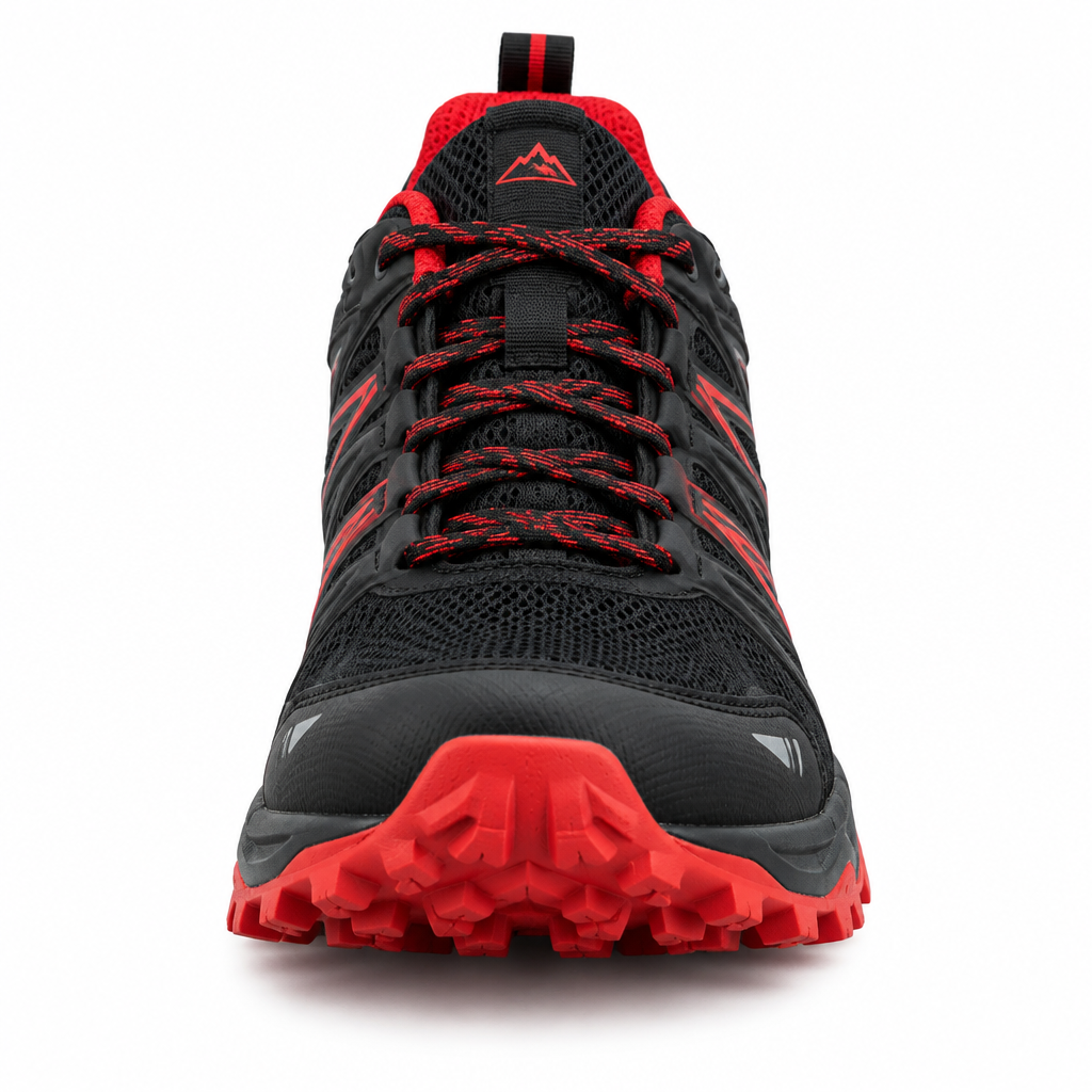 Black and red TrailBlaze X trail running shoe front view by HappyWalk