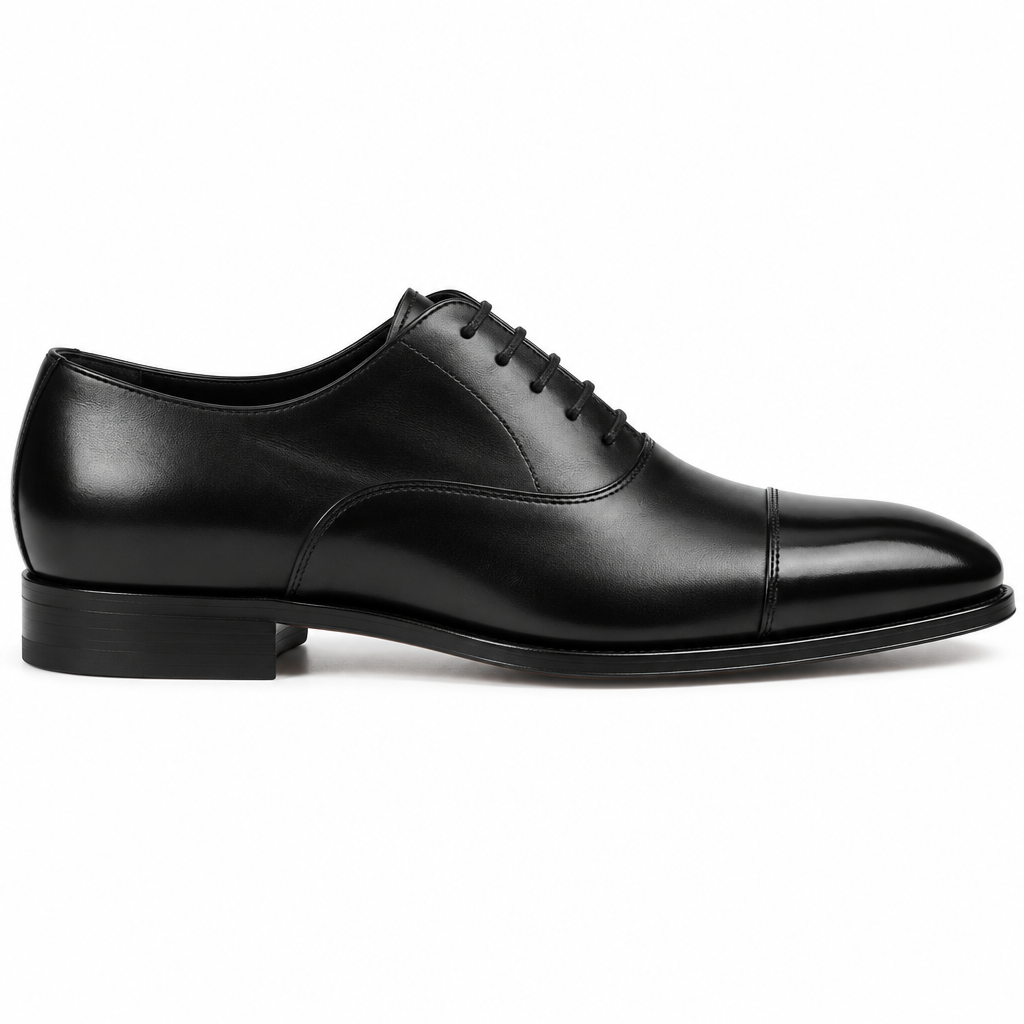 Premium black leather Executive Cap-Toe Oxford side view by HappyWalk
