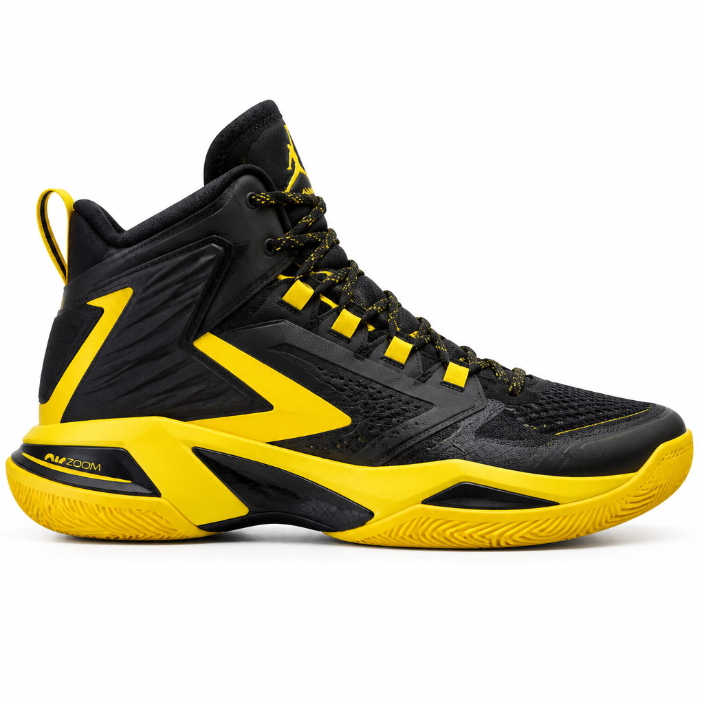 Black and yellow DunkPro High-Top Basketball Shoe side view by HappyWalk