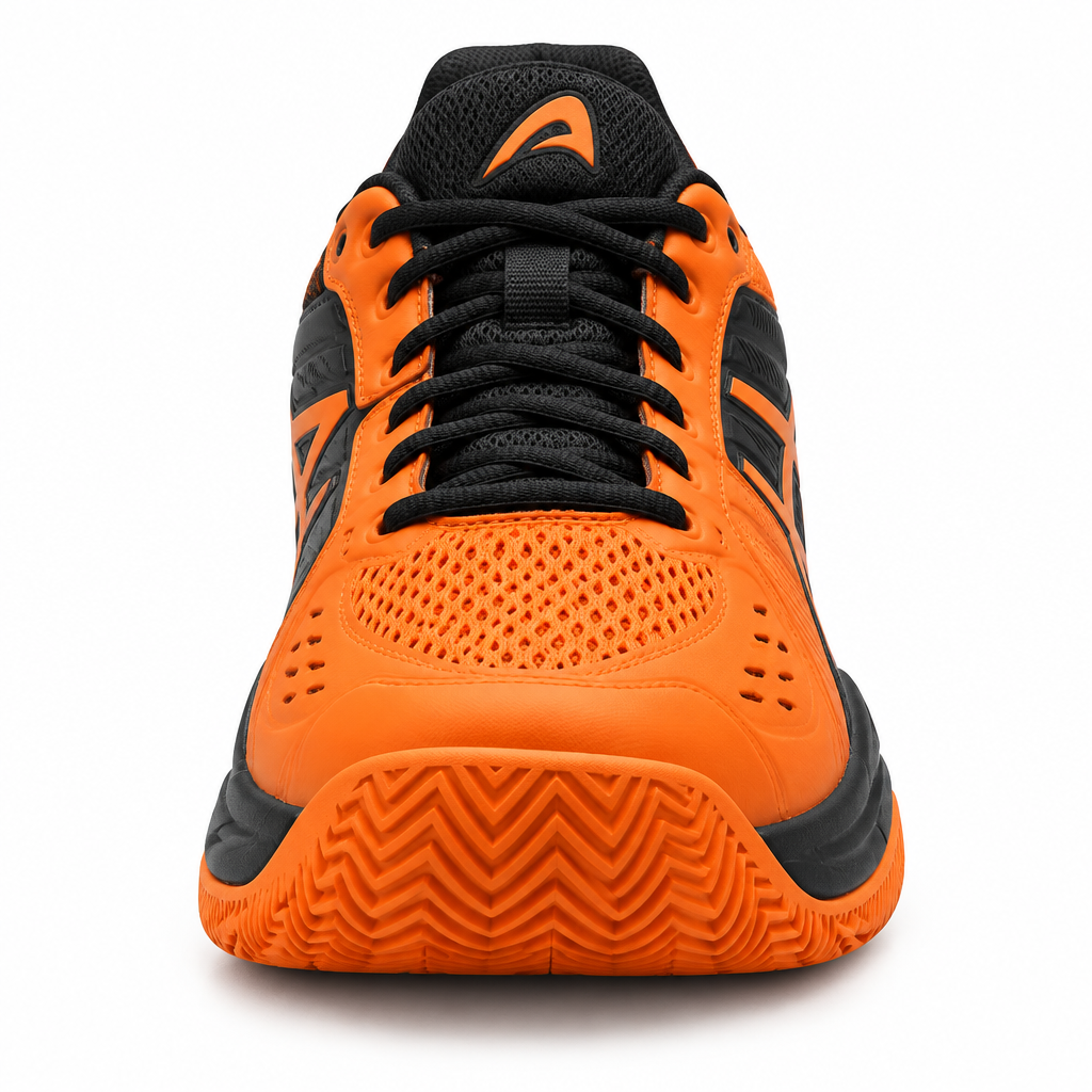 Orange and black AceStrike Tennis Court Shoe front view by HappyWalk