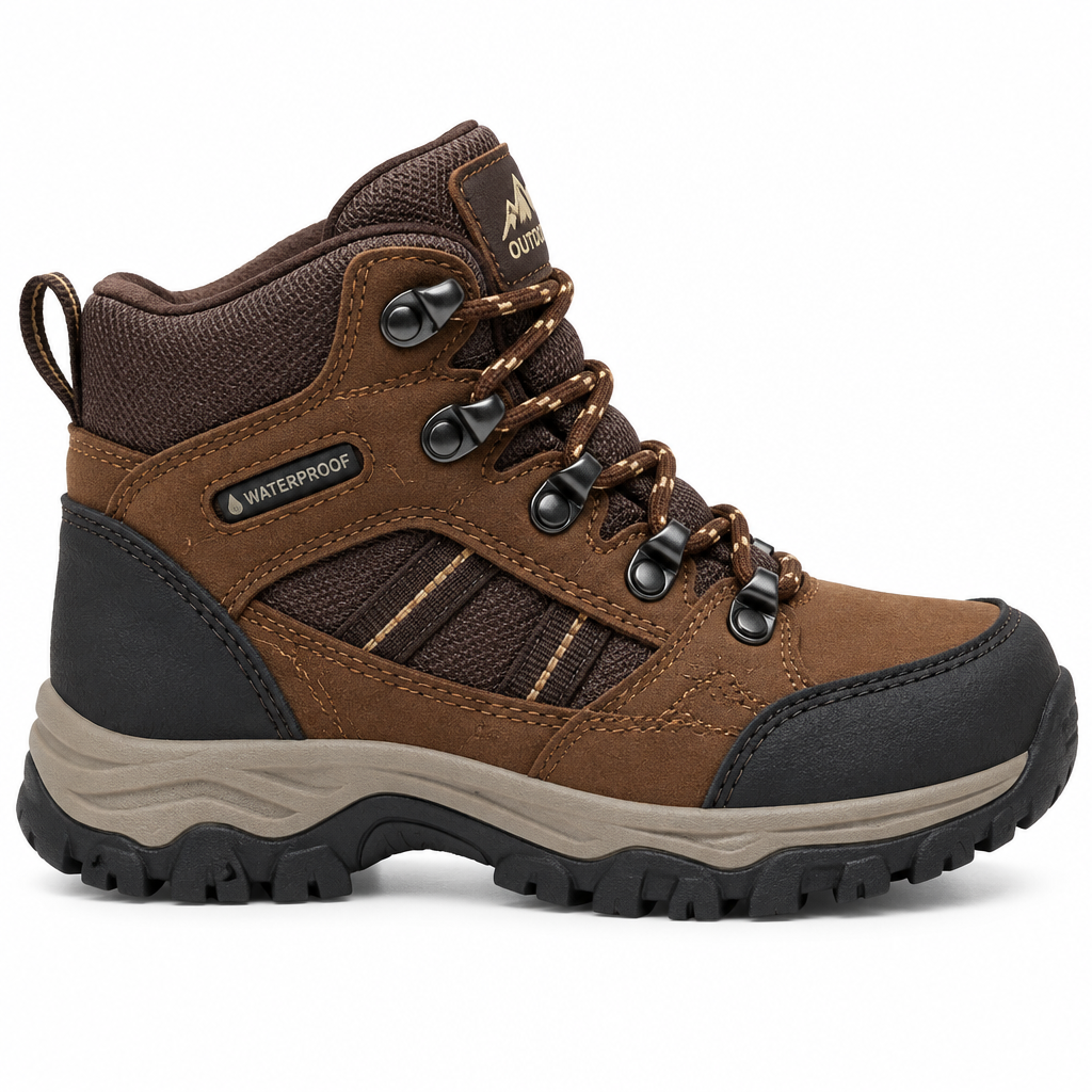 Brown waterproof TrailKid Hiking Boot side view by HappyWalk