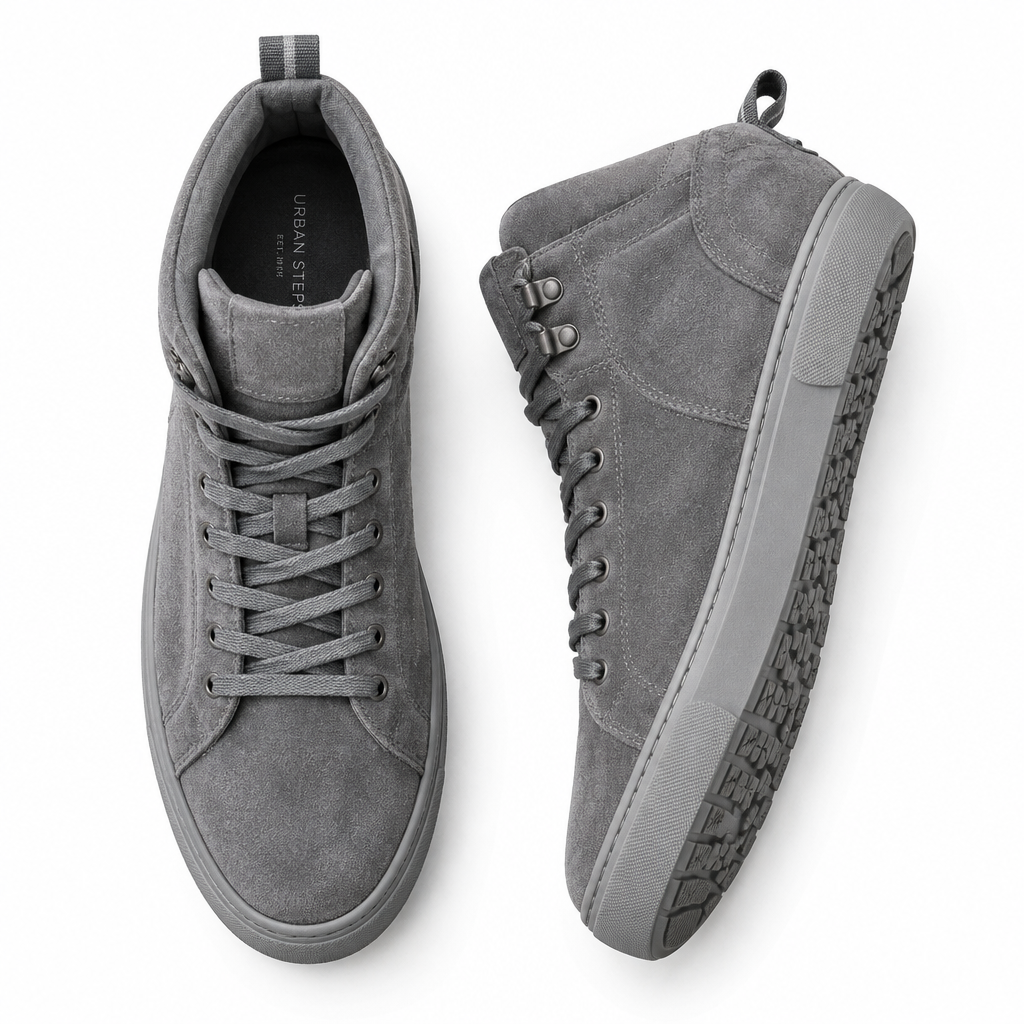 Grey suede casual sneaker boot pair flat lay by HappyWalk