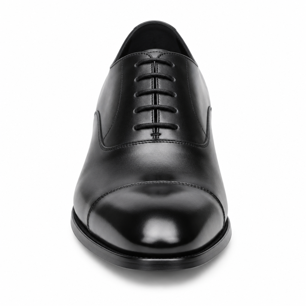 Premium black leather Executive Cap-Toe Oxford front view by HappyWalk