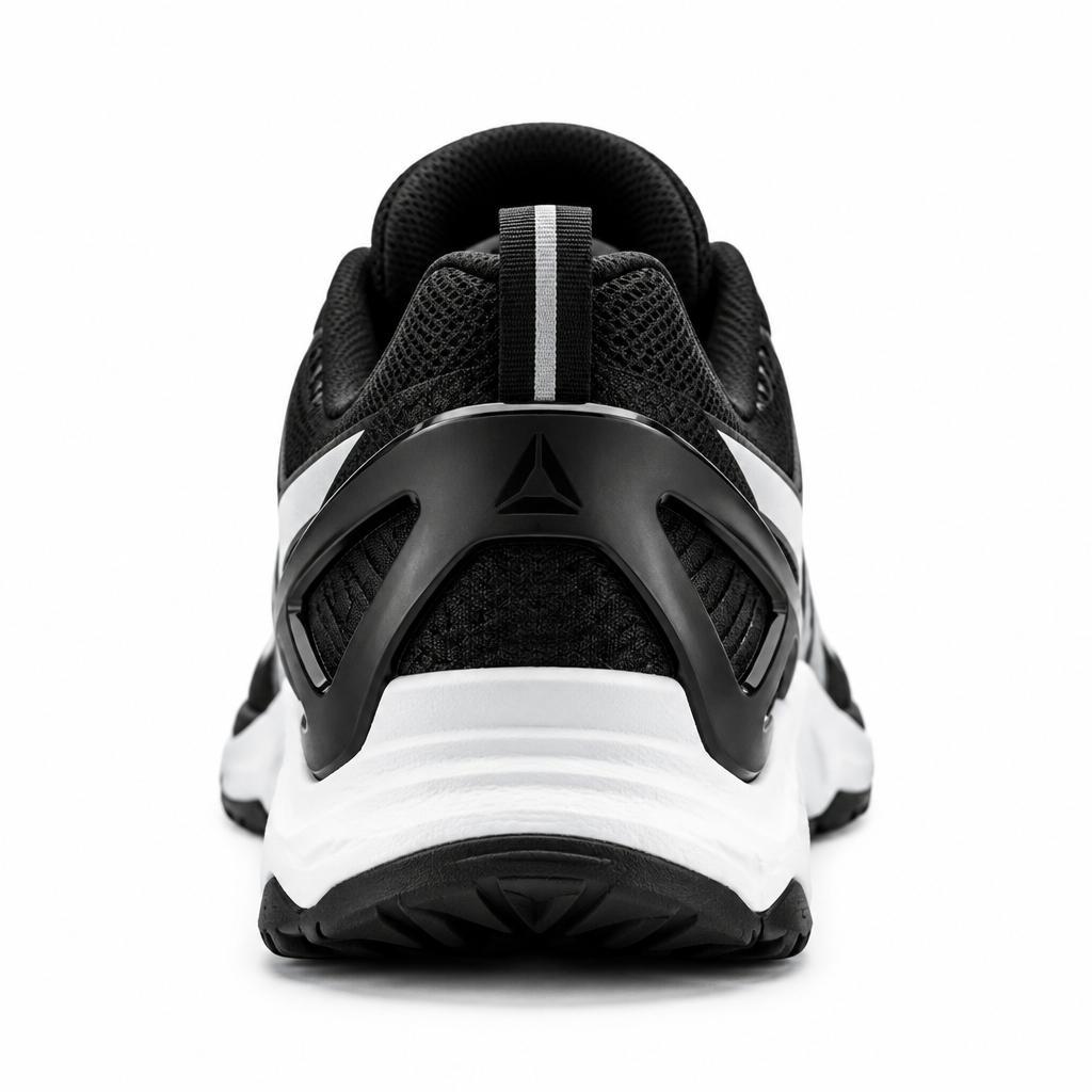 Black and white IronGrip Cross-Training Shoe back view showing heel clip by HappyWalk