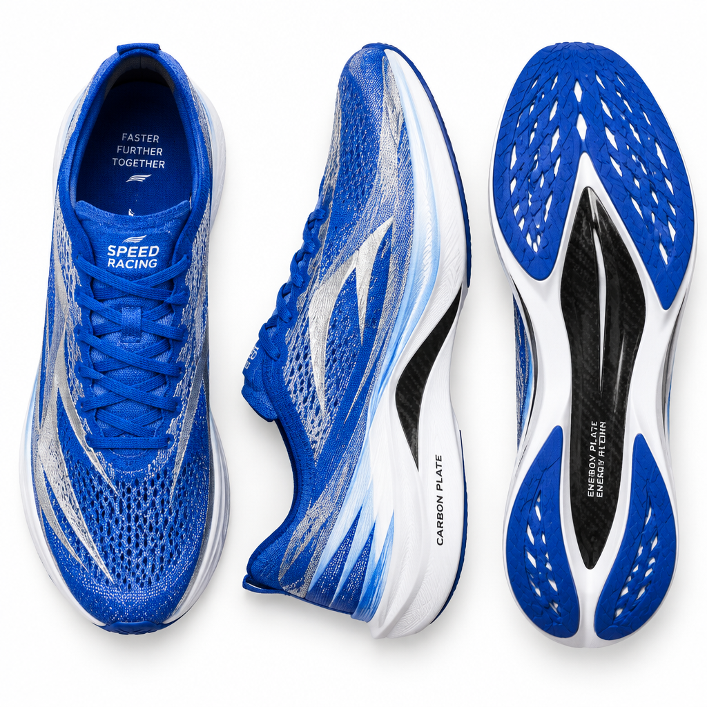 Blue and silver SpeedForce Carbon Racing Shoe pair flat lay by HappyWalk