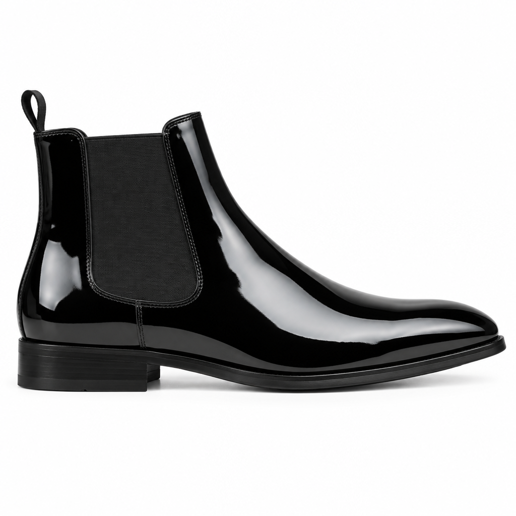 Black patent leather Chelsea Dress Boot side view by HappyWalk