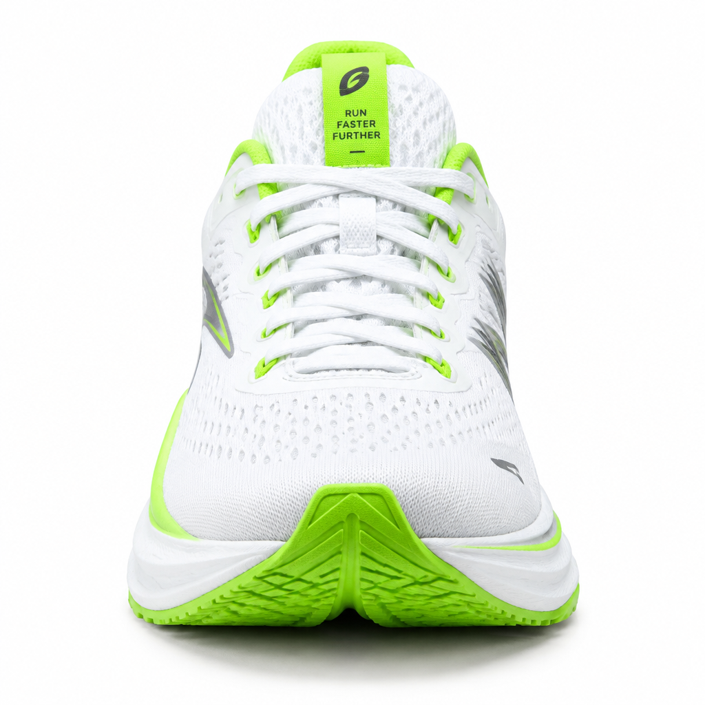 White and neon green AeroStride Pro running shoe front view by HappyWalk