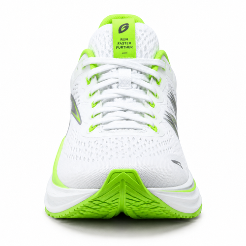 White and neon green AeroStride Pro running shoe front view by HappyWalk