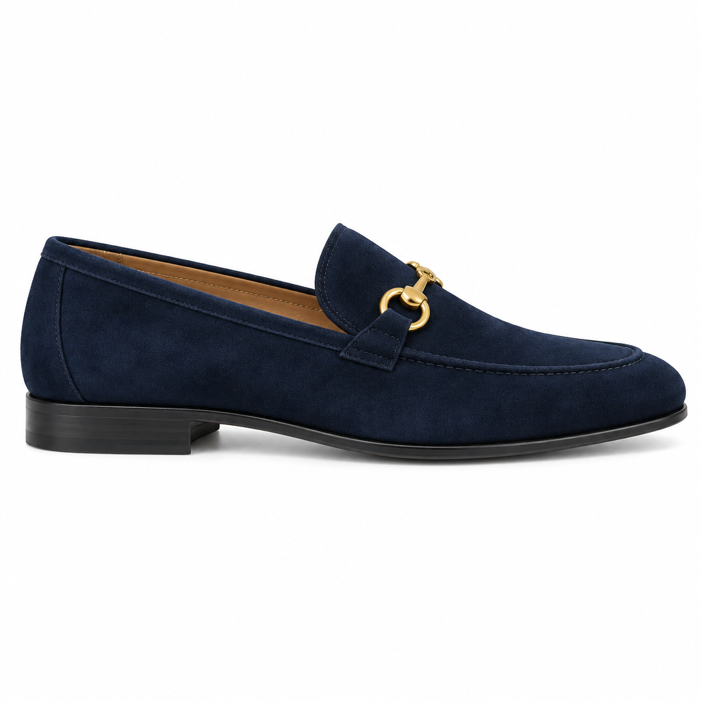 Navy blue suede Gold Bit Formal Loafer side view by HappyWalk