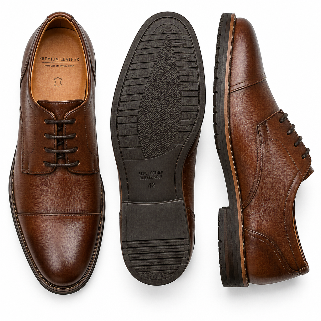 Premium brown casual leather Oxford shoe pair flat lay by HappyWalk