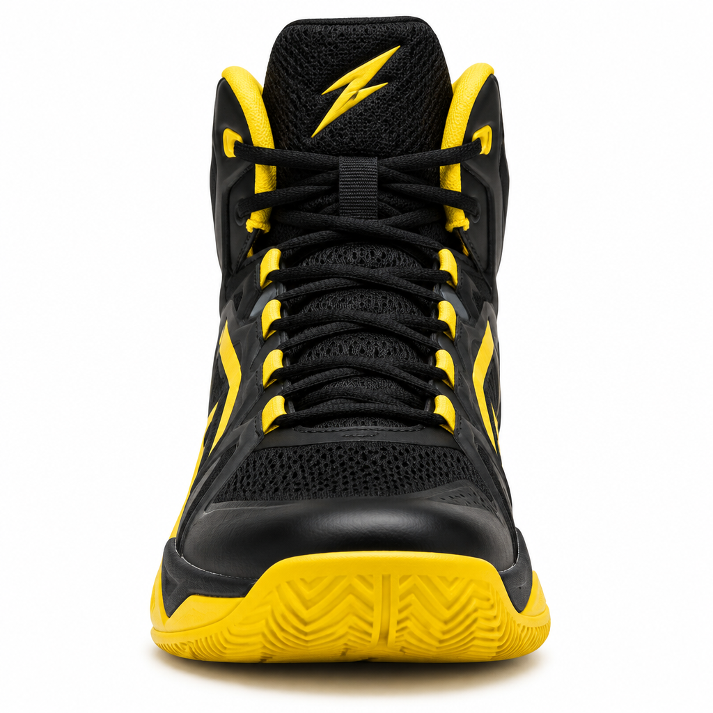 Black and yellow DunkPro High-Top Basketball Shoe front view by HappyWalk