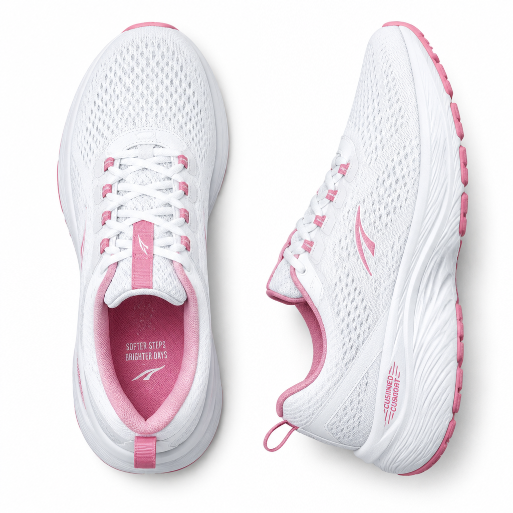 White and pink CloudStep Daily Runner pair flat lay by HappyWalk