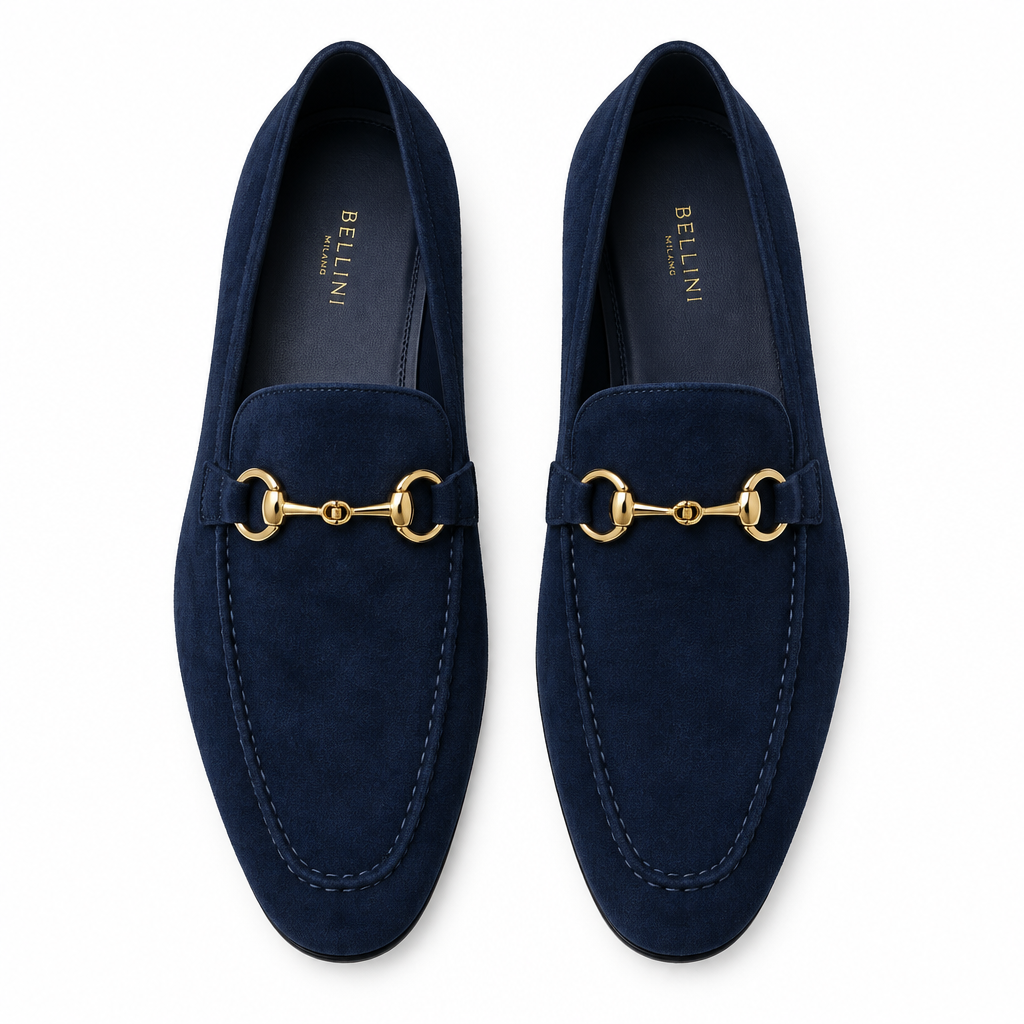 Navy blue suede Gold Bit Formal Loafer pair flat lay by HappyWalk