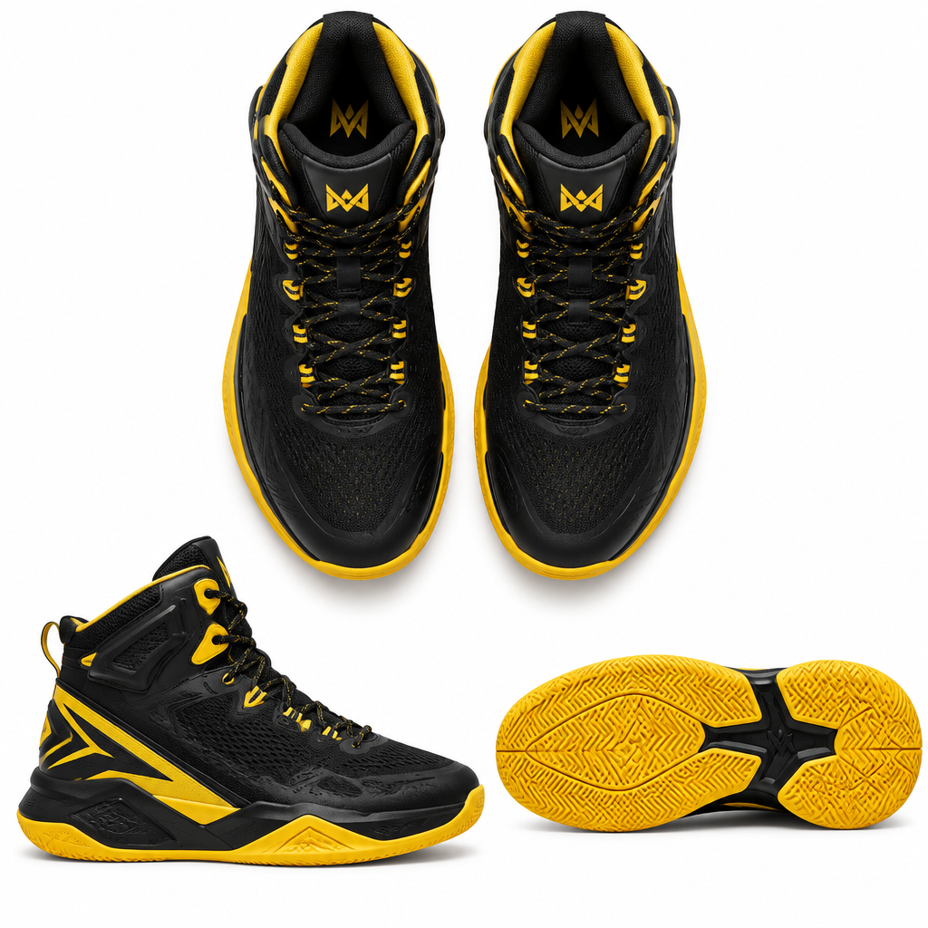 Black and yellow DunkPro High-Top Basketball Shoe pair flat lay by HappyWalk